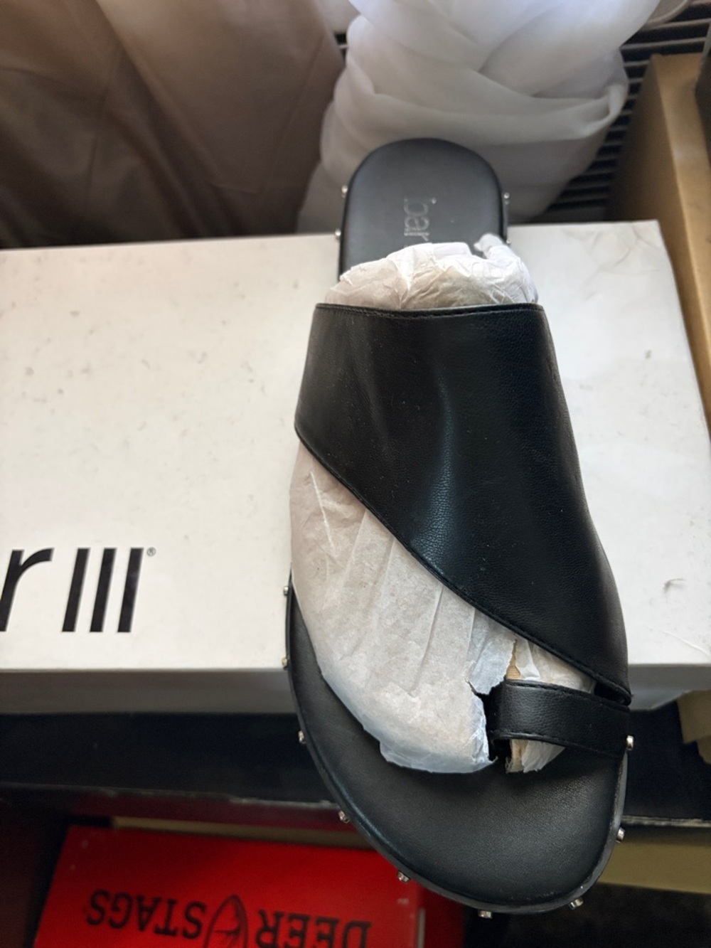 Bar III Black Leather Cross-Over Toe Ring Slide